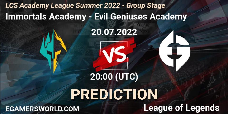 Immortals Academy contre Evil Geniuses Academy : prédiction de match. 20.07.22. LoL, LCS Academy League Summer 2022 - Group Stage