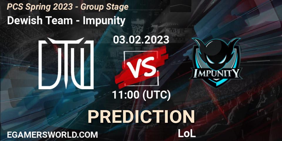 Dewish Team contre Impunity : prédiction de match. 03.02.2023 at 11:00. LoL, PCS Spring 2023 - Group Stage