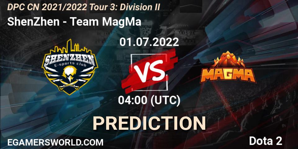 ShenZhen contre Team MagMa : prédiction de match. 01.07.2022 at 04:01. Dota 2, DPC CN 2021/2022 Tour 3: Division II