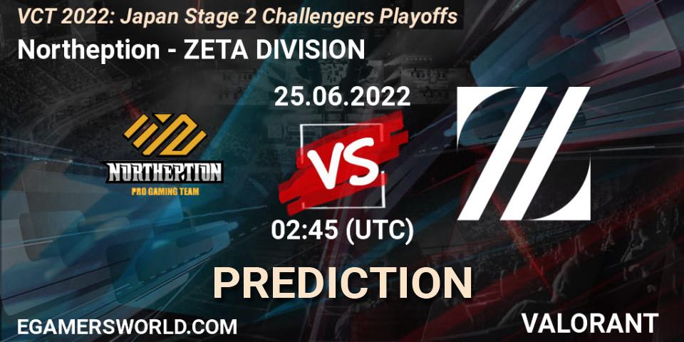 Northeption contre ZETA DIVISION : prédiction de match. 25.06.2022 at 02:45. VALORANT, VCT 2022: Japan Stage 2 Challengers Playoffs