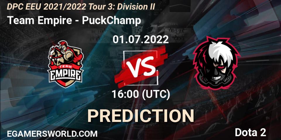 Team Empire contre PuckChamp : prédiction de match. 01.07.22. Dota 2, DPC EEU 2021/2022 Tour 3: Division II