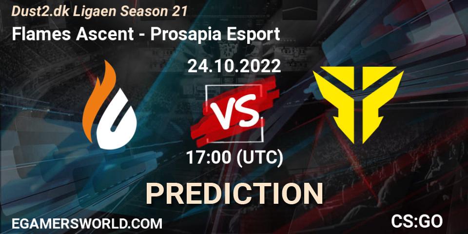 Flames Ascent contre Prosapia Esport : prédiction de match. 24.10.2022 at 18:00. Counter-Strike (CS2), Dust2.dk Ligaen Season 21