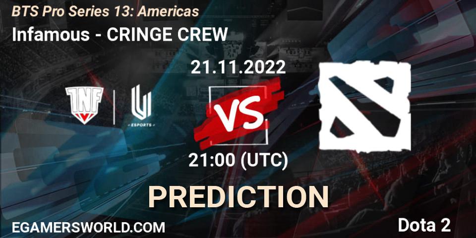 Infamous contre Cringe Crew : prédiction de match. 21.11.22. Dota 2, BTS Pro Series 13: Americas