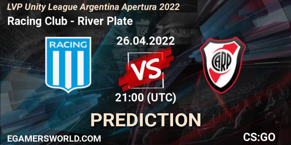 Racing Club contre River Plate : prédiction de match. 26.04.2022 at 21:00. Counter-Strike (CS2), LVP Unity League Argentina Apertura 2022