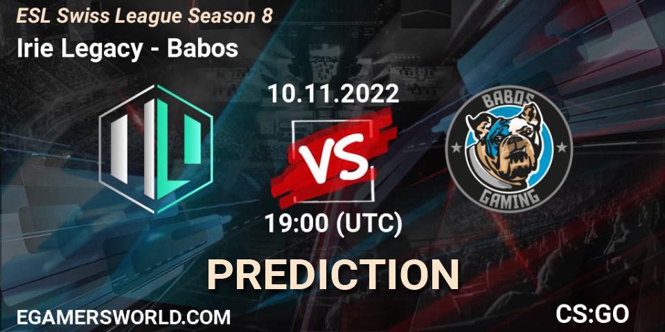 Irie Legacy contre Babos : prédiction de match. 10.11.2022 at 19:00. Counter-Strike (CS2), ESL Swiss League Season 8