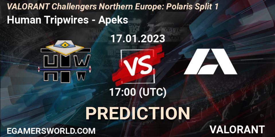 Human Tripwires contre Apeks : prédiction de match. 17.01.2023 at 17:00. VALORANT, VALORANT Challengers 2023 Northern Europe: Polaris Split 1