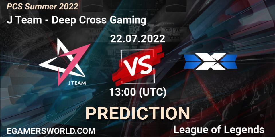 J Team contre Deep Cross Gaming : prédiction de match. 22.07.2022 at 11:00. LoL, PCS Summer 2022