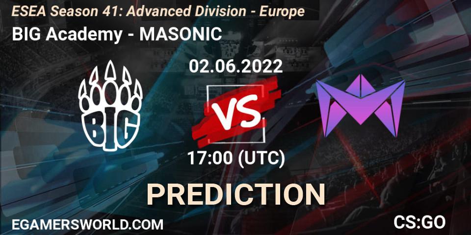 BIG Academy contre MASONIC : prédiction de match. 02.06.2022 at 17:00. Counter-Strike (CS2), ESEA Season 41: Advanced Division - Europe