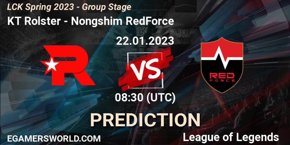 KT Rolster contre Nongshim RedForce : prédiction de match. 22.01.2023 at 09:40. LoL, LCK Spring 2023 - Group Stage