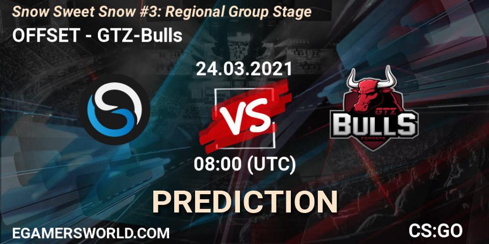 OFFSET contre GTZ-Bulls : prédiction de match. 24.03.2021 at 08:00. Counter-Strike (CS2), Snow Sweet Snow #3: Regional Group Stage