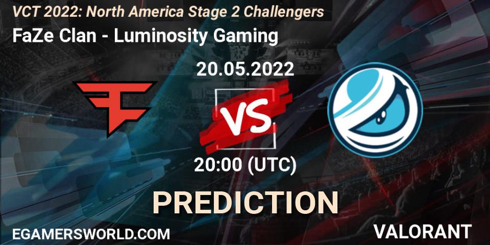 FaZe Clan contre Luminosity Gaming : prédiction de match. 20.05.2022 at 20:10. VALORANT, VCT 2022: North America Stage 2 Challengers