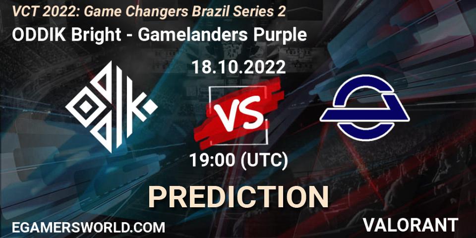 ODDIK Bright contre Gamelanders Purple : prédiction de match. 18.10.2022 at 19:45. VALORANT, VCT 2022: Game Changers Brazil Series 2