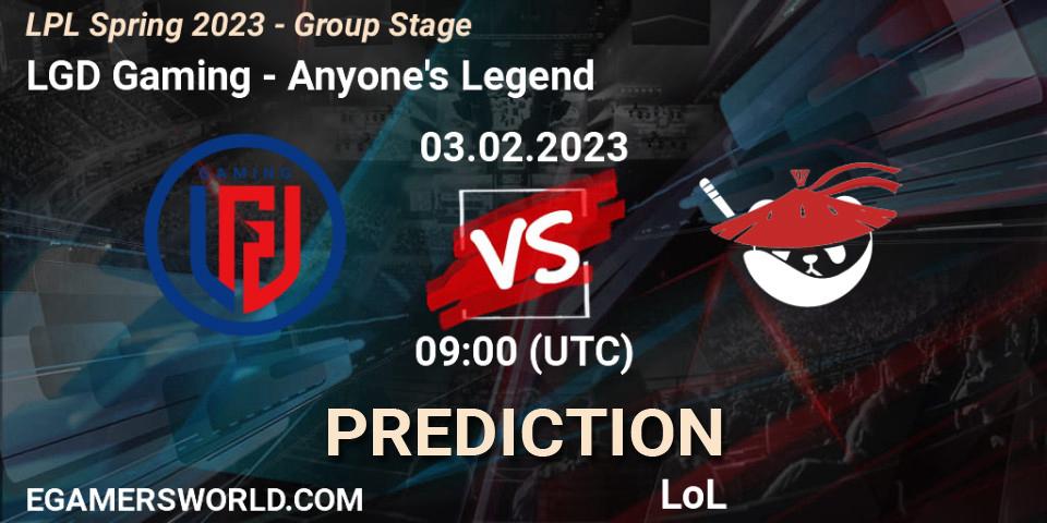 LGD Gaming contre Anyone's Legend : prédiction de match. 03.02.23. LoL, LPL Spring 2023 - Group Stage