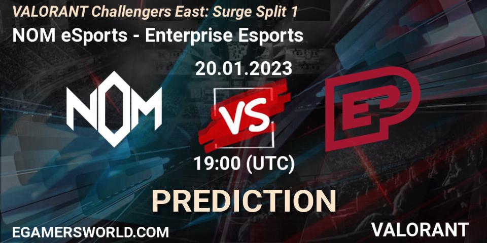 NOM eSports contre Enterprise Esports : prédiction de match. 20.01.2023 at 19:20. VALORANT, VALORANT Challengers 2023 East: Surge Split 1