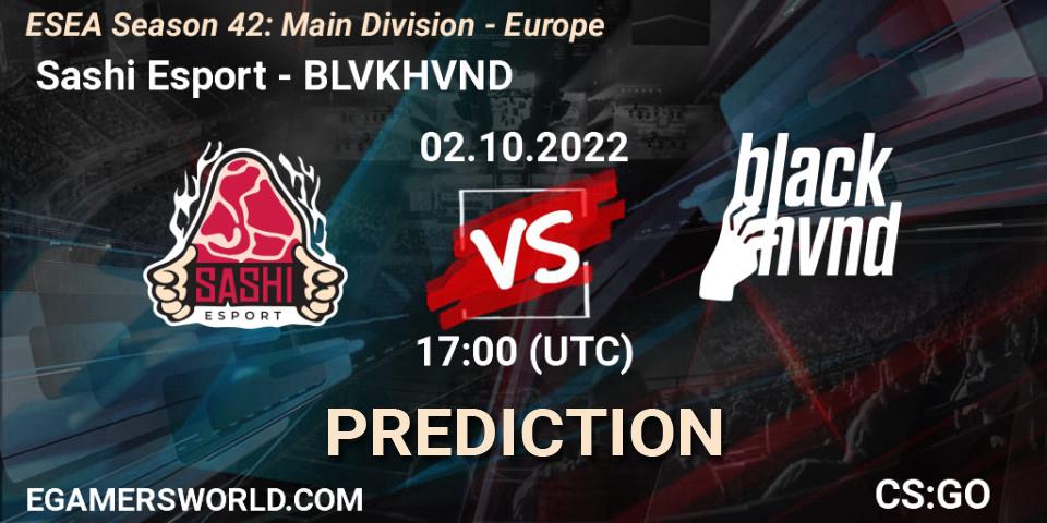  Sashi Esport contre BLVKHVND : prédiction de match. 02.10.2022 at 17:00. Counter-Strike (CS2), ESEA Season 42: Main Division - Europe