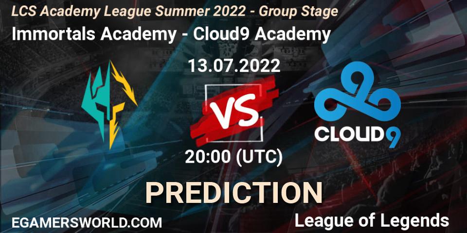 Immortals Academy contre Cloud9 Academy : prédiction de match. 13.07.2022 at 20:00. LoL, LCS Academy League Summer 2022 - Group Stage