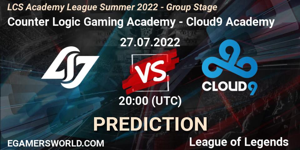 Counter Logic Gaming Academy contre Cloud9 Academy : prédiction de match. 27.07.2022 at 20:00. LoL, LCS Academy League Summer 2022 - Group Stage