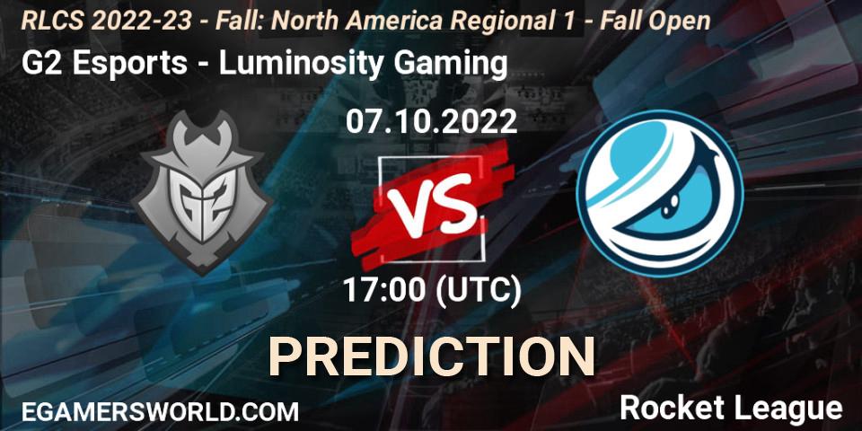 G2 Esports contre Luminosity Gaming : prédiction de match. 07.10.2022 at 17:00. Rocket League, RLCS 2022-23 - Fall: North America Regional 1 - Fall Open