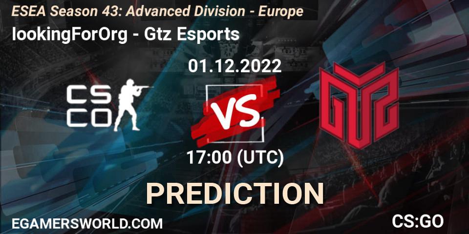 IookingForOrg contre GTZ Bulls Esports : prédiction de match. 01.12.22. CS2 (CS:GO), ESEA Season 43: Advanced Division - Europe