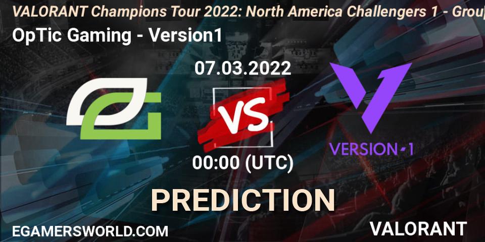 OpTic Gaming contre Version1 : prédiction de match. 07.03.2022 at 00:15. VALORANT, VCT 2022: North America Challengers 1 - Group Stage