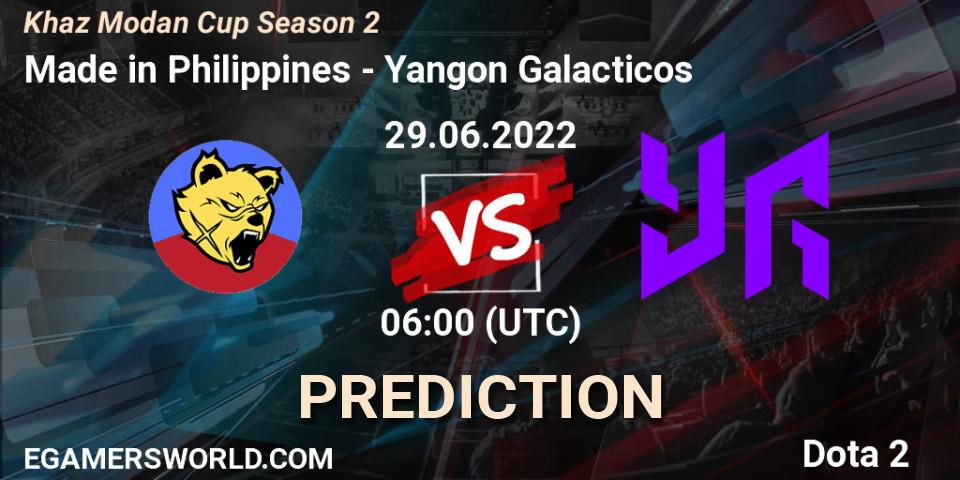 Made in Philippines contre Yangon Galacticos : prédiction de match. 29.06.2022 at 06:02. Dota 2, Khaz Modan Cup Season 2