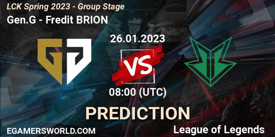 Gen.G contre Fredit BRION : prédiction de match. 26.01.2023 at 08:00. LoL, LCK Spring 2023 - Group Stage