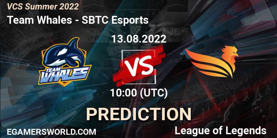 Team Whales contre SBTC Esports : prédiction de match. 13.08.2022 at 10:00. LoL, VCS Summer 2022