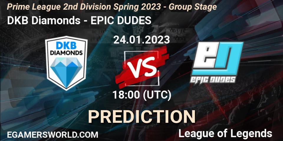 DKB Diamonds contre EPIC DUDES : prédiction de match. 24.01.2023 at 18:00. LoL, Prime League 2nd Division Spring 2023 - Group Stage
