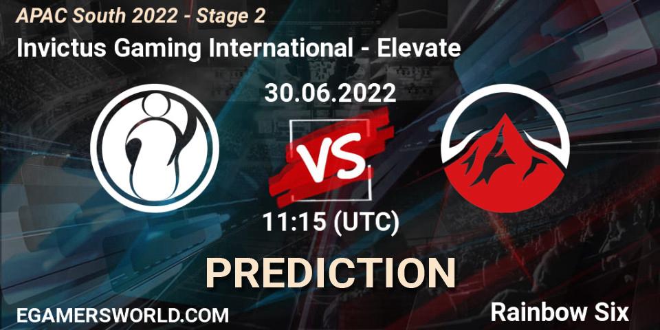Invictus Gaming International contre Elevate : prédiction de match. 30.06.2022 at 11:15. Rainbow Six, APAC South 2022 - Stage 2
