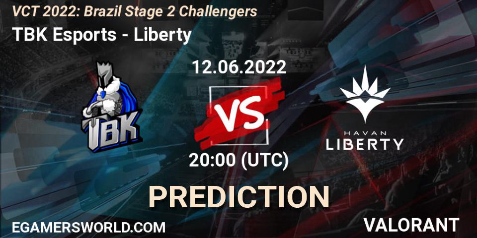 TBK Esports contre Liberty : prédiction de match. 12.06.2022 at 20:00. VALORANT, VCT 2022: Brazil Stage 2 Challengers
