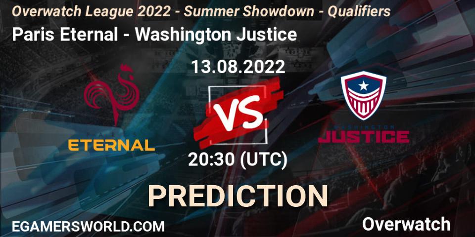 Paris Eternal contre Washington Justice : prédiction de match. 13.08.2022 at 20:30. Overwatch, Overwatch League 2022 - Summer Showdown - Qualifiers