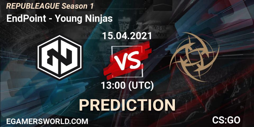 EndPoint contre Young Ninjas : prédiction de match. 15.04.2021 at 13:25. Counter-Strike (CS2), REPUBLEAGUE Season 1