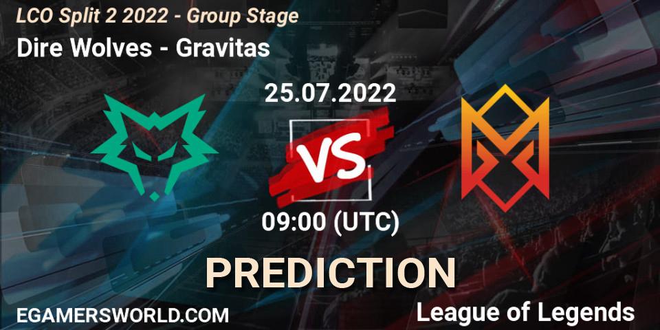 Dire Wolves contre Gravitas : prédiction de match. 25.07.2022 at 09:00. LoL, LCO Split 2 2022 - Group Stage