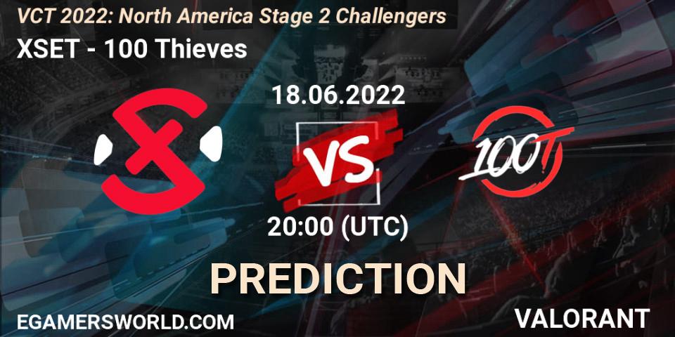 XSET contre 100 Thieves : prédiction de match. 18.06.2022 at 20:15. VALORANT, VCT 2022: North America Stage 2 Challengers