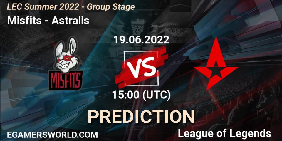 Misfits Gaming contre Astralis : prédiction de match. 19.06.2022 at 15:00. LoL, LEC Summer 2022 - Group Stage