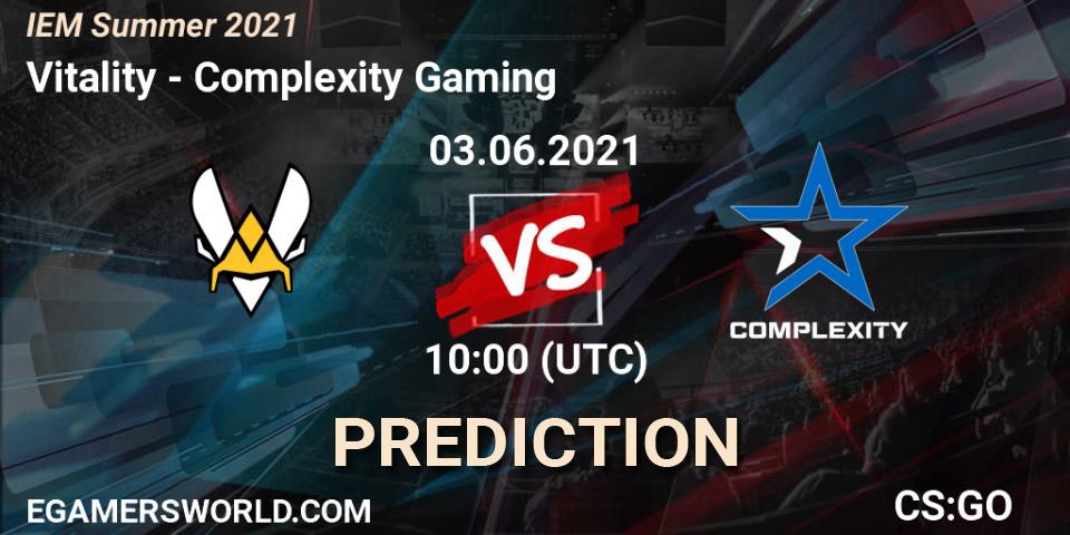 Vitality contre Complexity Gaming : prédiction de match. 03.06.2021 at 10:00. Counter-Strike (CS2), IEM Summer 2021