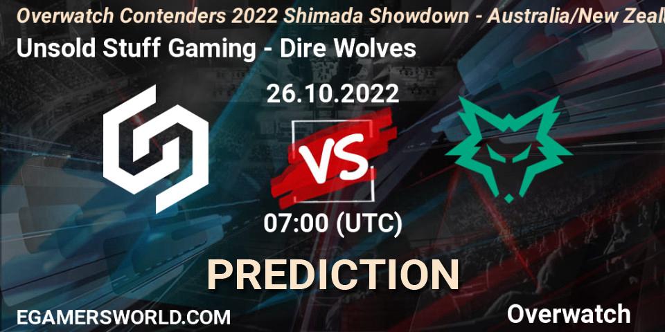 Unsold Stuff Gaming contre Dire Wolves : prédiction de match. 26.10.2022 at 07:00. Overwatch, Overwatch Contenders 2022 Shimada Showdown - Australia/New Zealand - October
