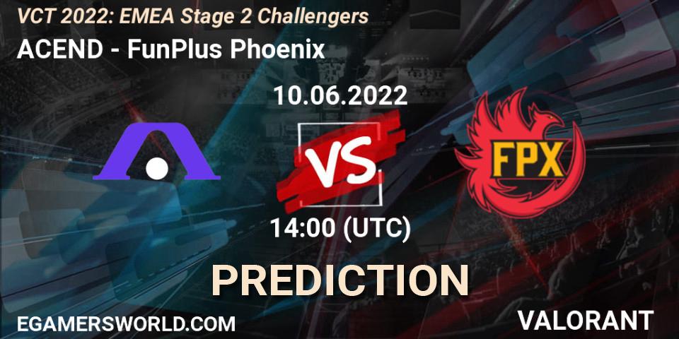 ACEND contre FunPlus Phoenix : prédiction de match. 10.06.2022 at 14:00. VALORANT, VCT 2022: EMEA Stage 2 Challengers