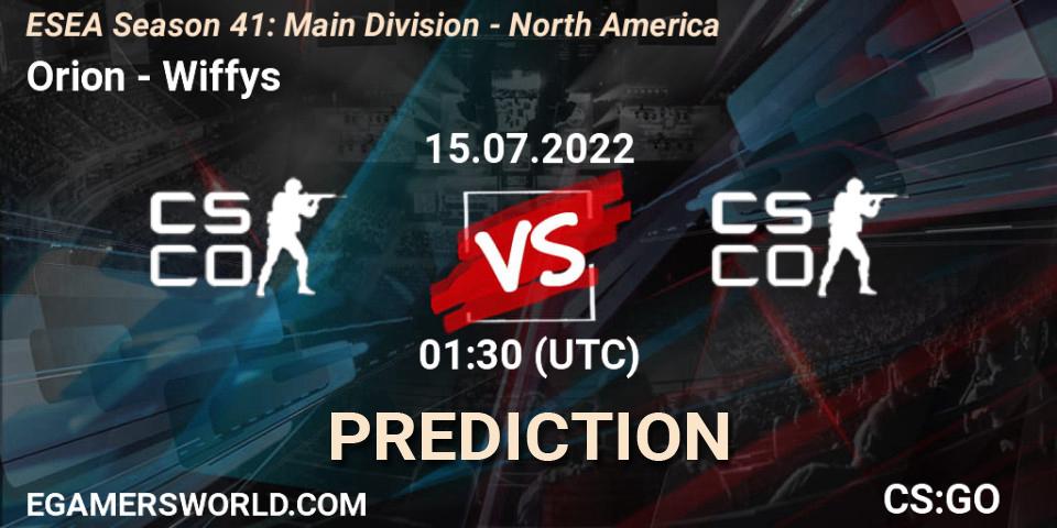 Orion contre Wiffys : prédiction de match. 15.07.2022 at 01:30. Counter-Strike (CS2), ESEA Season 41: Main Division - North America