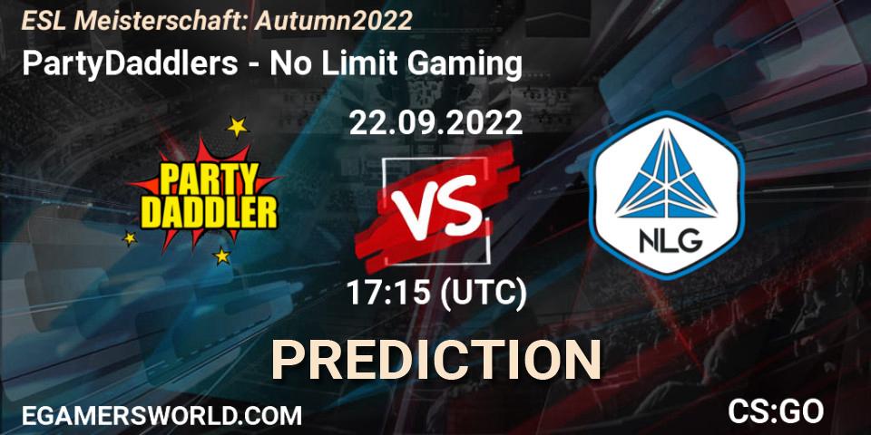 PartyDaddlers contre No Limit Gaming : prédiction de match. 22.09.2022 at 17:15. Counter-Strike (CS2), ESL Meisterschaft: Autumn 2022