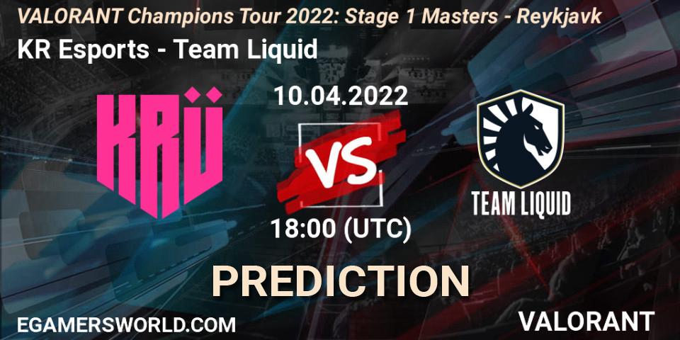 KRÜ Esports contre Team Liquid : prédiction de match. 10.04.2022 at 18:00. VALORANT, VCT 2022: Stage 1 Masters - Reykjavík
