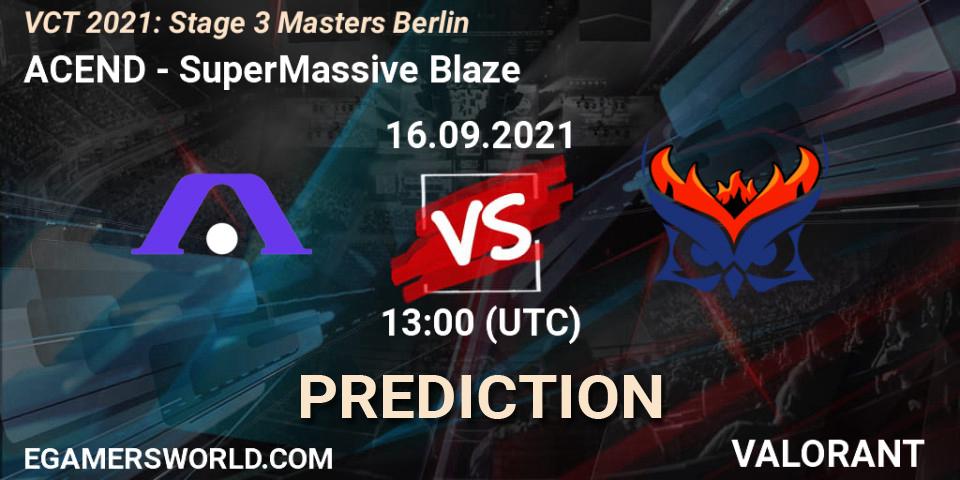 ACEND contre SuperMassive Blaze : prédiction de match. 16.09.2021 at 13:00. VALORANT, VCT 2021: Stage 3 Masters Berlin