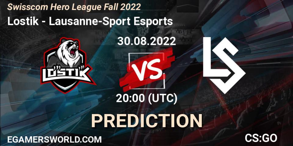 Lostik contre Lausanne-Sport Esports : prédiction de match. 30.08.2022 at 20:00. Counter-Strike (CS2), Swisscom Hero League Fall 2022