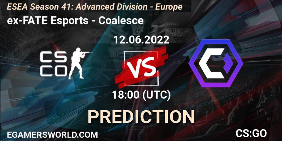 ex-FATE Esports contre Coalesce : prédiction de match. 12.06.2022 at 18:00. Counter-Strike (CS2), ESEA Season 41: Advanced Division - Europe