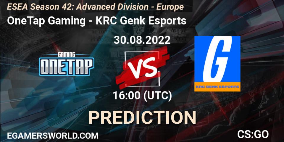OneTap Gaming contre KRC Genk Esports : prédiction de match. 30.08.2022 at 16:00. Counter-Strike (CS2), ESEA Season 42: Advanced Division - Europe