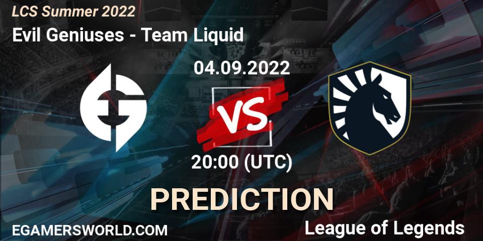 Evil Geniuses contre Team Liquid : prédiction de match. 04.09.2022 at 20:00. LoL, LCS Summer 2022