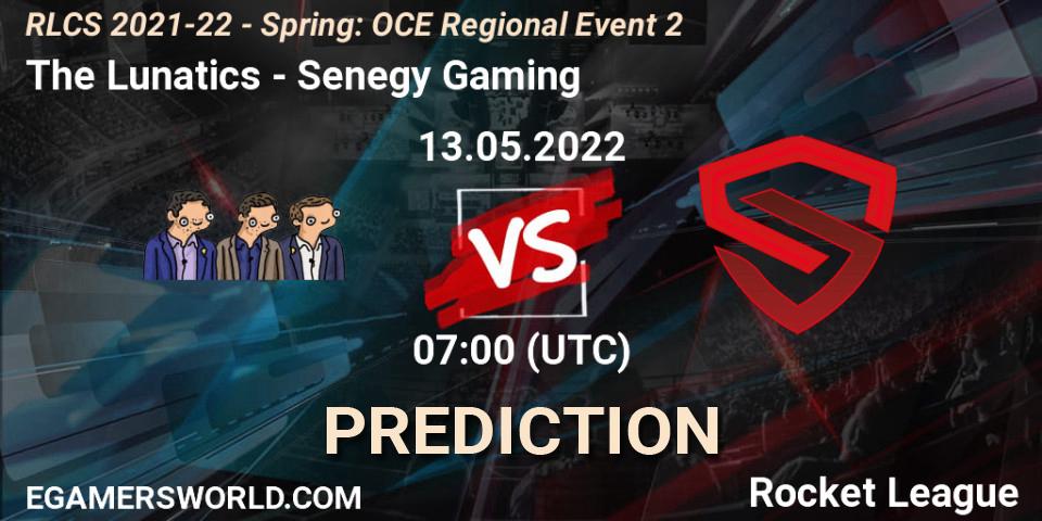The Lunatics contre Senegy Gaming : prédiction de match. 13.05.2022 at 07:00. Rocket League, RLCS 2021-22 - Spring: OCE Regional Event 2