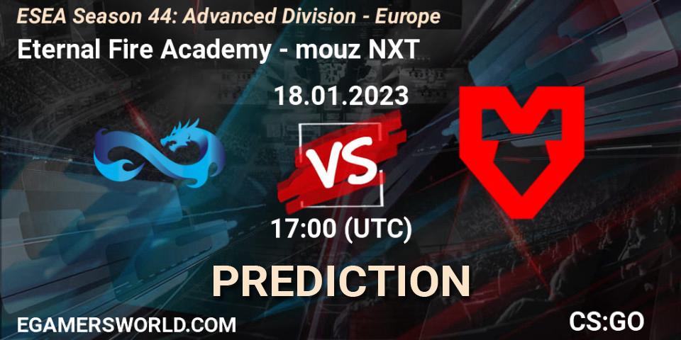 Eternal Fire Academy contre mouz NXT : prédiction de match. 24.01.2023 at 17:00. Counter-Strike (CS2), ESEA Season 44: Advanced Division - Europe