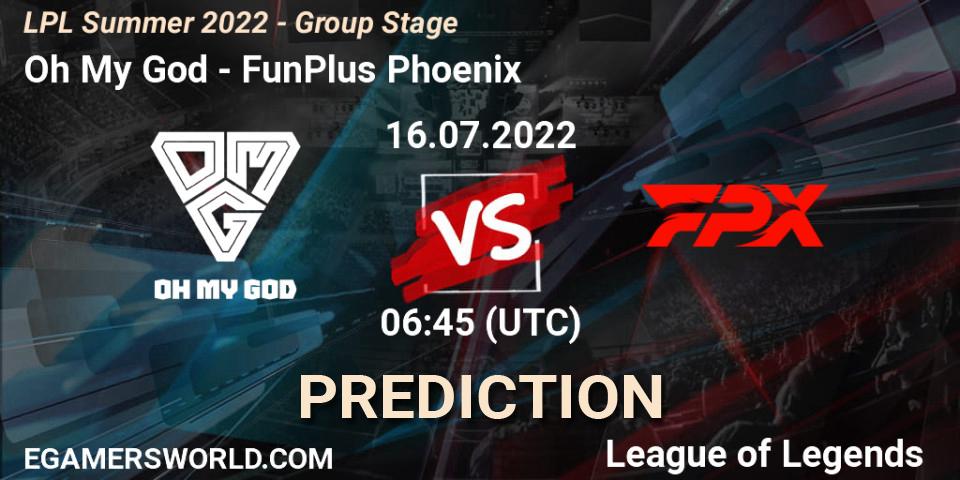Oh My God contre FunPlus Phoenix : prédiction de match. 17.07.2022 at 07:00. LoL, LPL Summer 2022 - Group Stage