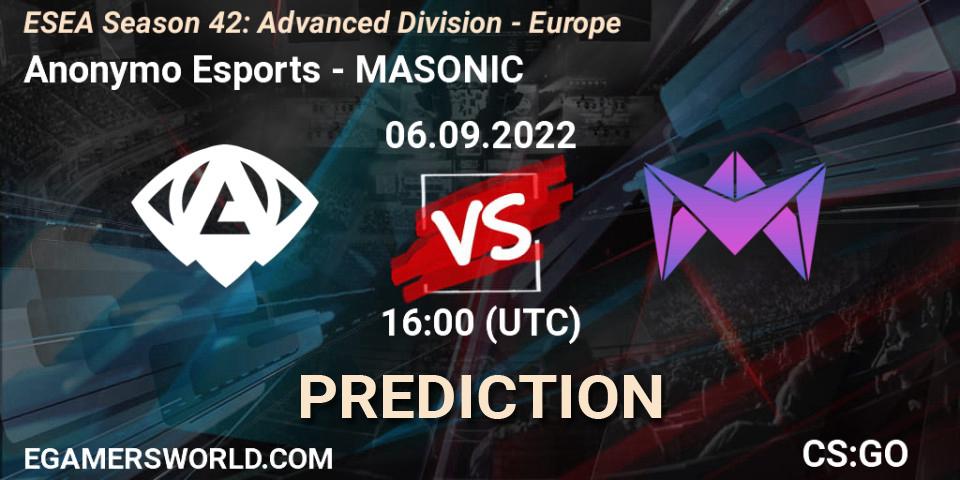 Anonymo Esports contre MASONIC : prédiction de match. 06.09.22. CS2 (CS:GO), ESEA Season 42: Advanced Division - Europe